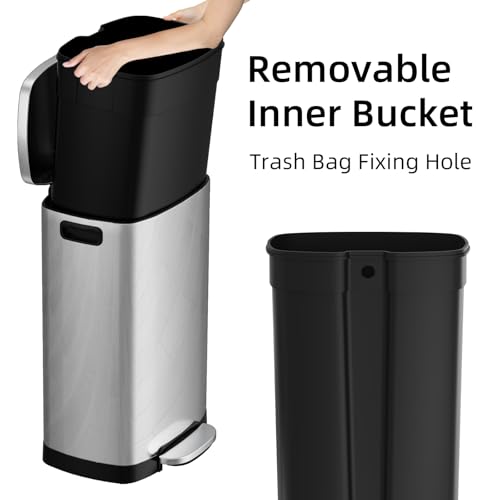 Image of KUK 13 Gallon /50L Stainless Steel Kitchen Trash Can with Lid and Step Pedal-Large Capacity Garbage Bin with Odor Seal, Silent Close Lid, Removable Inner Bucket for Home, Kitchen, Bedroom, Office