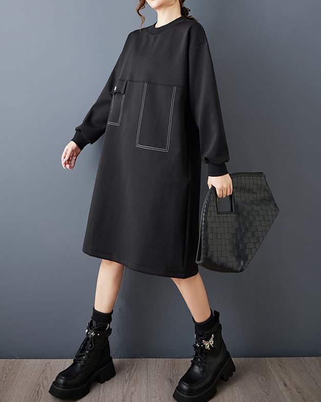 ellazhu Women's T-Shirt Dress Casual Crewneck Black Long Sleeve Oversize Flowy Hem Solid GZ617 A4