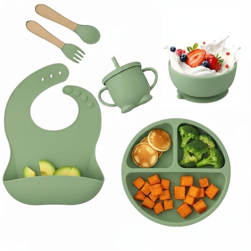 Image of Silicone Baby Feeding Set 6 Pieces with Suction Plate, Bowl, Adjustable Bib, Straw Cup, Spoon & Fork, BPA Free Baby Led Weaning Essentials - Green