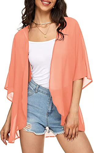 Image of Indian Trendy Women's Solid Puff Sleeve Kimono Cardigan Loose Cover Up Casual Blouse Top Chiffon