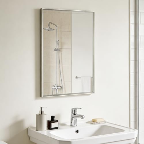 Image of Bathroom Mirror for Wall, 24x16 Inch Framed Vanity Mirror Brushed Nickel