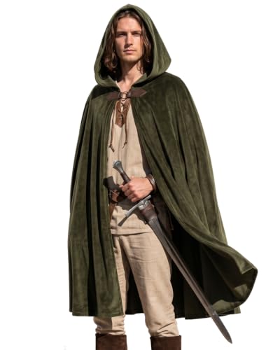 LVOW Velvet Hooded Cloak Medieval Cape Ren Faire Costume Army Green