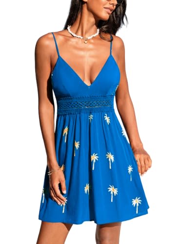 Image of CUPSHE Women Lace Summer Dress Adjustable Straps V Neck Cutout Waist Beach Vacation Mini Dress Floral Tropical Sun Dress