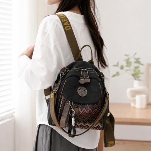 Mochila jeans Boho para mulheres, mochila casual com vários bolsos com alça de ombro para viagens, trabalho e uso diário