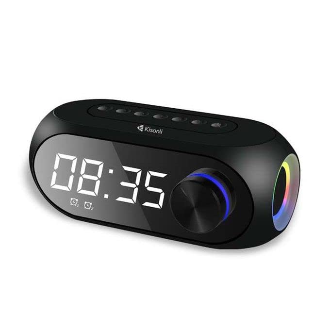 Kisonli LP-2S speaker with digital clock display showing 23:08 and icons for ambient light, dual clock, HD mirror, and high endurance.