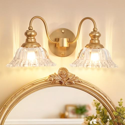 Image of 2 Lights Gold Vintage Bathroom Vanity Light Fixture Over Mirror | Floral Transparent Glass Shades,Antique Wall Sconces,Wall Mount Up or Down, E26 Socket, Hardwired, 120V