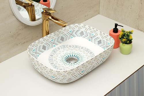 Image of Moroccan Design Ceramic Tabletop Wash Basin | Countertop Vessel Sink | Wash Basin over counter For Bathroom Hotel Home (18x13x5.5 Inch) (TORO 4014) (Moroccan Design 107)