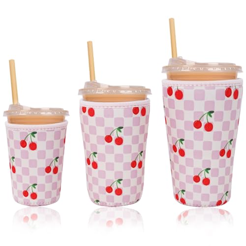 Image of Reusable Insulated Neoprene Iced Coffee Cup Sleeve, Durable Drink Sleeve for Cold Beverages, Beverage Holder for Iced Coffee (Cherry Blush)