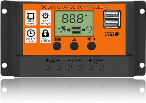 Skypearll Solar Charge Controller 20A, Solar Panel Charge Controller Intelligent Regulator with Dual USB Port 12V/24V,PWM Auto Parameter Adjustable LCD Display Orange