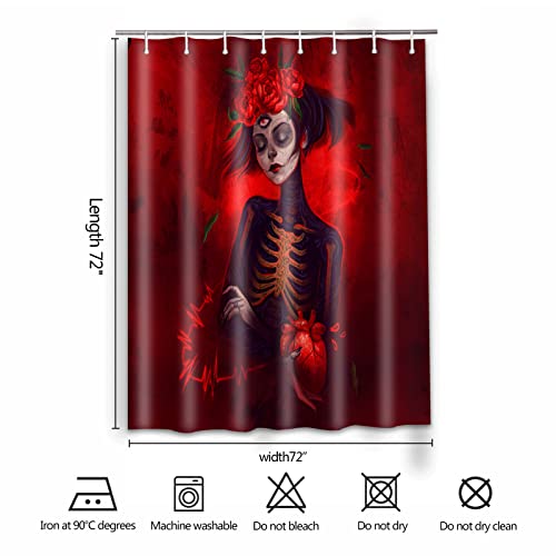 Decoreagy Sugar Skull Shower Curtain,Gothic Skeleton Girls Shower Curtains Set For Bathroom With 12 Hooks, Red Rose Halloween Bath Curtain 72X72In Waterproof Fabric,Machine Washable #TOP2