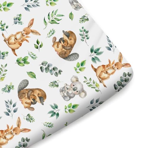 Image of Baby Australian Animals Crib Sheets for Girl Boy 52 inchx28 inch Koala Kangaroo Green Leaves Crib Mattress Covers Soft Breathable Fitted Nursery Baby Bed Sheets Fits Standard Crib and Toddler Mattress