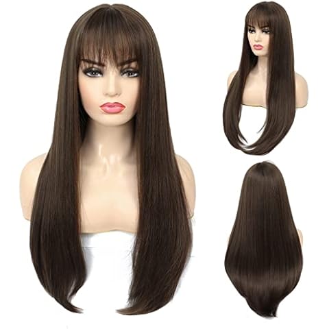 X-Tress 28 inches Black Fringe Wig for Women Long Brown Wig Natural Straight Hair Dark Brown Wig Natural Looking Average Size Cap Synthetic Ombre Wig Easy to Wear Dressing Up Costume Wig(Ash Brown) Cover