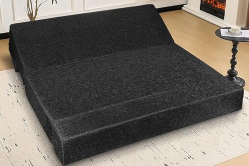 Image of Foldable 6x6-Feet 4 Seater Sofa Cum Bed, Sofa Bed, Jute Fabric- Washable Cover- Including 4 Cushion Perfect for Home-Black