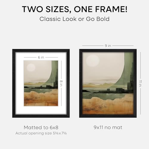 Image of Homeforia 9x11 Black Oak Picture Frame, High-End Wood, 6x8 Mat, Glass | High End Solid Oak Wood, Tempered Glass, Acid-Free 6x8 Removable Mat, 9x11 Edge-to-Edge Display 11x9, Wall Kit, Set Of 1