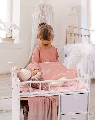 ROBOTIME Baby Doll Crib, Kids Wooden Doll Bed with Storage Cabinet and Bedding, Dolls Cribs and Cots with Wardrobe, Furniture & Accessories, Toy Cot Suits for Under 22", Toddler Girl Aged 3+ (Pink) - Image 5