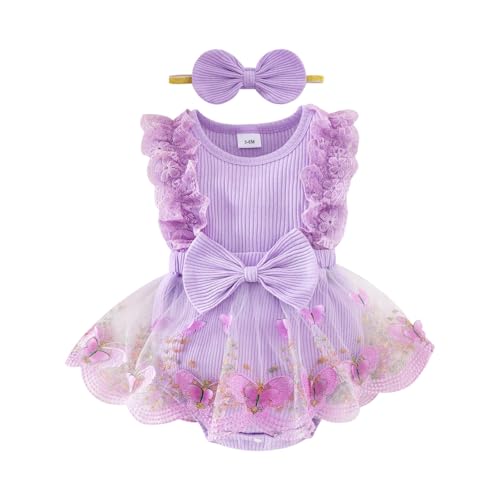 Image of Baby Girl Clothes Infant Summer Outfits Cute Butterflies Mesh Ruffle Sleeveless Romper Headband Set 0-12 Months