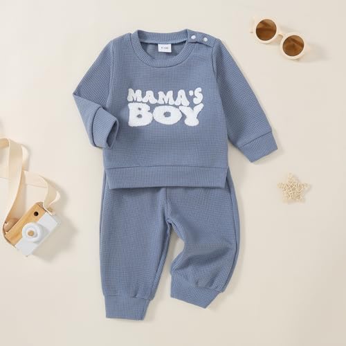 Toddler Baby Boy Fall Winter Clothes Waffle Knit Long Sleeve Sweatshirt Pants Set MAMA'S BOY Embroiderey Outfit Set - Image 3