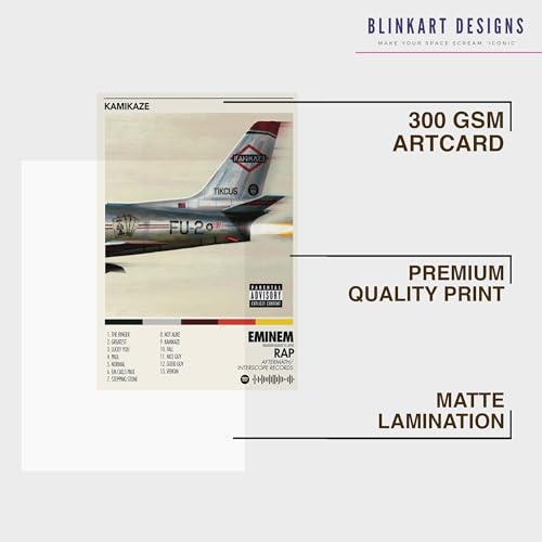 Image of BLINKART Eminem - Kamikaze Wall Photo Frames | Wall Art for Bedroom, Living Room, Studio or Office | Album Cover Print with Spotify Song Link QR Code | Gift for Fans - 8x12 In