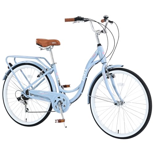 Bicicleta urbana de 26 pulgadas para mujer, híbrida ligera con asiento ajustable, 7 velocidades, neumáticos antideslizantes y frenos en V — estilo elegante multicolor miniatura 1