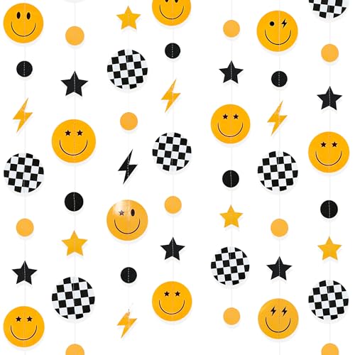 One Happy Dude 1st Birthday Decorations Black Yellow Smile Face Lightning Star Checkered Circle Dot Smiley Face Garland Streamer for Baby Shower First Birthday Wedding Hippie Party Decoration Supplies