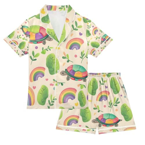 senya Turtle and Grass Rainbow Satin Summer Pajama Sets Silk Short Sleeve Button Down Sleepwear