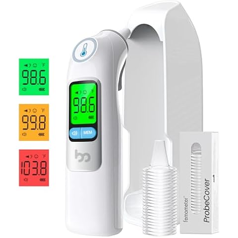 femometer Infrared Ear Thermometer for Adults & Kids, Highly Accurate, 1s Result, 30 Memory Recall, 3-Color Fever Alarm, with 21 Disposable Probe Covers & Storage Case Cover