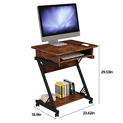 Alisened Computer Desk For Small Spaces,23.6" Z-Shaped Compact Study Table With Smooth Keyboard Tray,With Wheels And Bottom Shelves For Home Office，Computer Cart Mobile Laptop Cart #TOP2