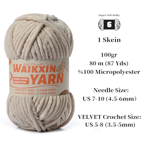 Image of (4 Light Khaki) 4 Pack Super Soft Fuzzy Chenille Chunky Yarn for Crocheting, 400g (350yds) Velvet Fluffy Amigurumi Yarn for Hand Knitting Baby Blankets Weaving Craft