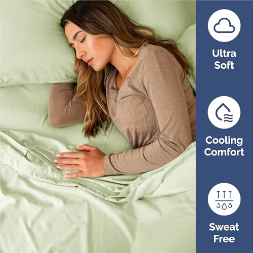 Image of Split King 7 Piece Bed Sheet Set - Breathable & Cooling - Light Sage Green | Ultra-Soft Hotel Luxury Bedding Set w / 8-16 Inch Deep Pockets, 1 Flat & 2 Fitted Sheet & 4 Pillowcases, Wrinkle & Fade Free