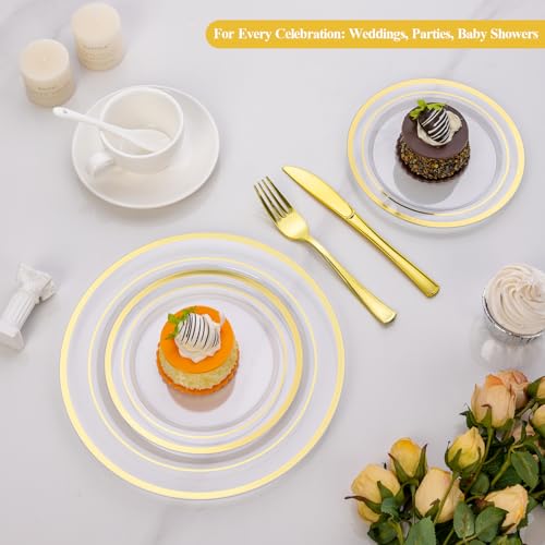 Image of Goodluck 200PCS Clear Gold Plastic Plates, Heavy Duty Disposable Plates