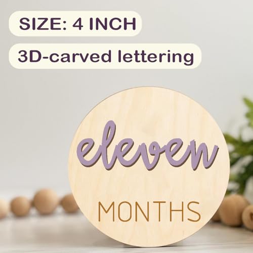 Image of Baby Monthly Milestone Markers Disc, Wooden 3D Milestone Cards for Photos, Baby Announcement Sign, 1-12 Months, wooden baby milestone sign (Purple)