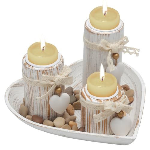 Kerzenständer Holz 3er-Set, Teelichthalter Holz mit Tablett und DIY AnhäNger, Kerzenständer Holzs, Kerzenhalter Stumpenkerzen, Deko Wohnzimmer Kann Als Dekoration oder Geschenk Verwendet Werden