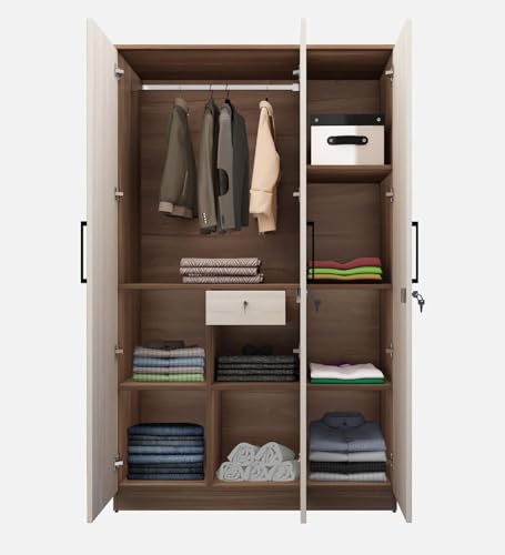 Image of Mintwud Pepperfry Engineered Wood Wardrobe with 3 Doors Storage and 1 Hanging Rod | Wooden Almirah Cupboard for Clothes Storage Organizer for Living Room Home Bedroom Furniture (White Finish)