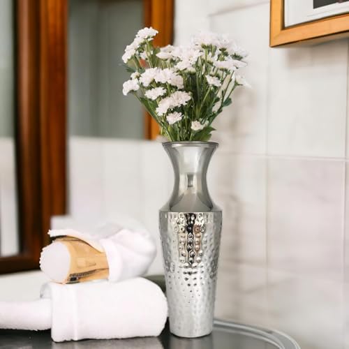 Image of Hosley 18 Inch High Silver Color Metal Hammered Vase| Modern Flower Vase for Pampas Grass, Dried Flowers, Home & Office Decor, Centerpiece, Wedding Home, Handcrafted Gift Flower Vase, Pack of 1