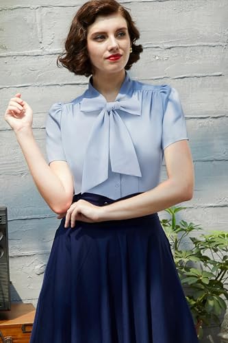 Image of Belle Poque Summer Short Sleeve Office Button Down Blouse Stripe Shirt Tops with Bow Tie BP573
