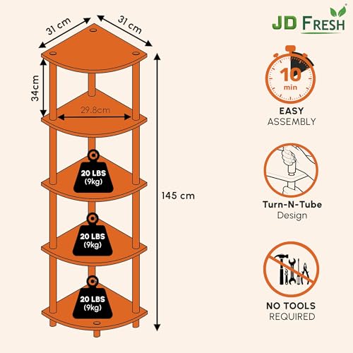 Image of JD FRESH 5-Tier Wooden Open Corner Rack /Table Corner Display Rack /Storage Shelf Stand /Multipurpose Shelf for Living Room, Bedroom, Home Office Display (Cambridge, Walnut)