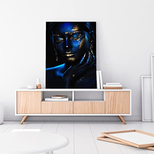 Art Poster Blue And Gold Women's Art Canvas Canvas Painting Wall Art Poster For Bedroom Living Room Decor 24X32Inch(60X80Cm) Frame-Style #TOP2