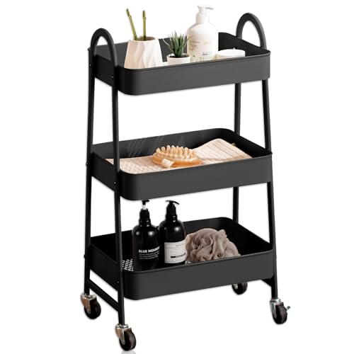 K AKTUAL Carrito Auxiliar con Ruedas, Carrito de Cocina con 3 Ganchos,Carro Organizador almacenaje, 44x32x80cm. Ideal para baño, Cocina, salón, Oficina y estetica. Color Negro.