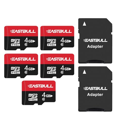 EASTBULL 4GB 5-Pack of Micro SD Cards, 4GB SD Cards Pack Full HD Video 90MB/s UHS-I U1 Micro SDHC Class 10 for Surveillance Security Cam (5 Units and 2 Adapters)