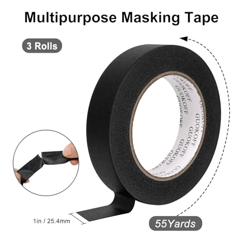 Image of Black Masking Tape, 1 Inch x 55 Yards x 3 Roll, Black Painters Tape | General Purpose Painting Adhesive Tape for Arts DIY Crafts Labeling