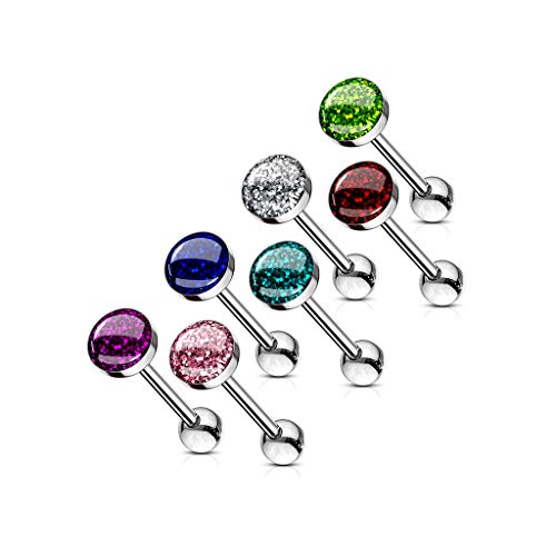 Paula & Fritz® Zungen-Piercing Barbell 16mm lang Chirurgenstahl Glitter Epoxy Dome 7er Set je eine Farbe