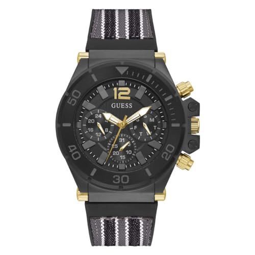 GUESS Orologio Sportivo Multifunzione Uomo 48mm - Quadrante Nero Sunray, Cinturino In Nylon E Silicone Righe Grigie, Cronografo
