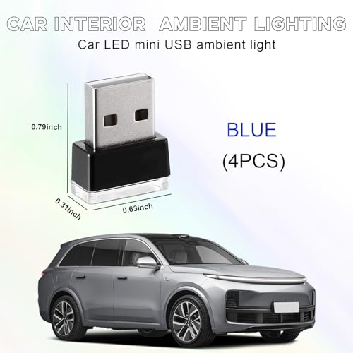 Sylvil 4 PCS USB LED Car Interior Atmosphere Lamp, Portable Mini LED Night Light, Plug-in USB Interface Trunk Ambient Lighting Kit, Universal Interior Car Accessories (Blue) - Thumbnail 2