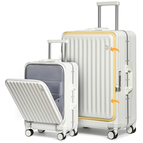 Somago Spinner Hardside PC Luggage Set 2 Piece, Carry on Luggage Front Open 22x14x9 Airline Approved and Side Opening Large 28 Inch Checked Luggage with TSA Lock,White