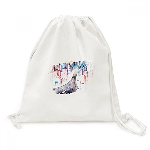 Toile Drawstring Backpack avec motif aquarelle de rue de ville pour le voyage