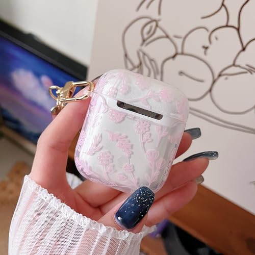 Image of MINSCOSE Compatible with AirPod 1&2 Clear Case,Cute Flower Floral Aesthetic Design with Flowers Keychain, Soft TPU Protective Shockproof Case for Women Girl for Airpod 1&2-Pink
