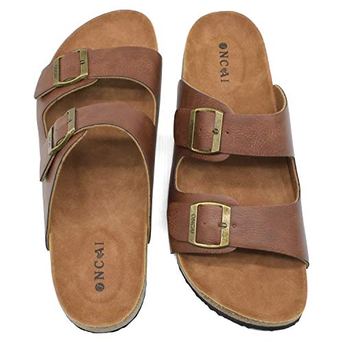 Oncai Men's-Slide-Sandals-Beach-Slippers-Slippers Shoes Indoor And Outdoor Anti-Skidding Flat Cork Outdoor Sandals And Beach Slippers & Leather Khaki Slides For Men Khaki Size 13 #TOP3