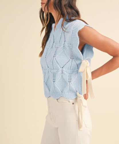 Image of Women Side Tie Sweater Vest Scallop Trim Mock Neck Knit Vest Bow Lace Up Ribbon Sweater Tank Top Knitwear