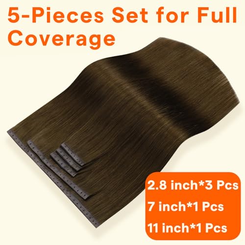 Image of Full Shine Butterfly Weft Hair Extensions Human Hair 16 Inch Medium Brown | 90G 5pcs Double Side Weft, Invisible PU Holes, Thin Hair Women, Daily Wear, Easy Wear & Remove, Seamless Blend