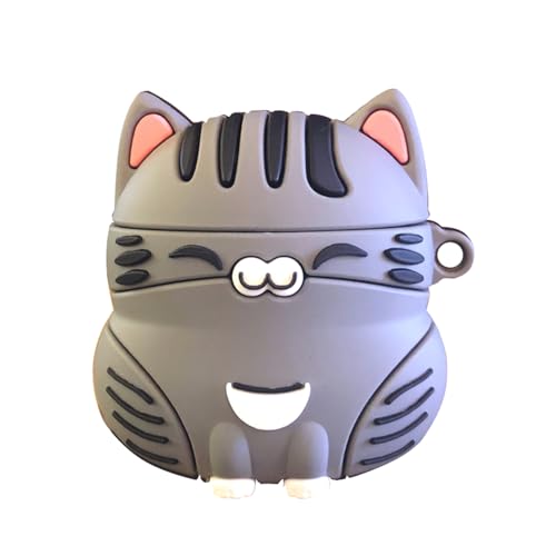 Image of Earphone Case for AirPods 4, Cute Sitting Smiling Happy Lucky Cat Case Soft TPU Silicone Case, Lovely Yellow Grey Kitty AirPods 4 Cover Protective Case Skin Shockproof Protector for Earbuds -Grey